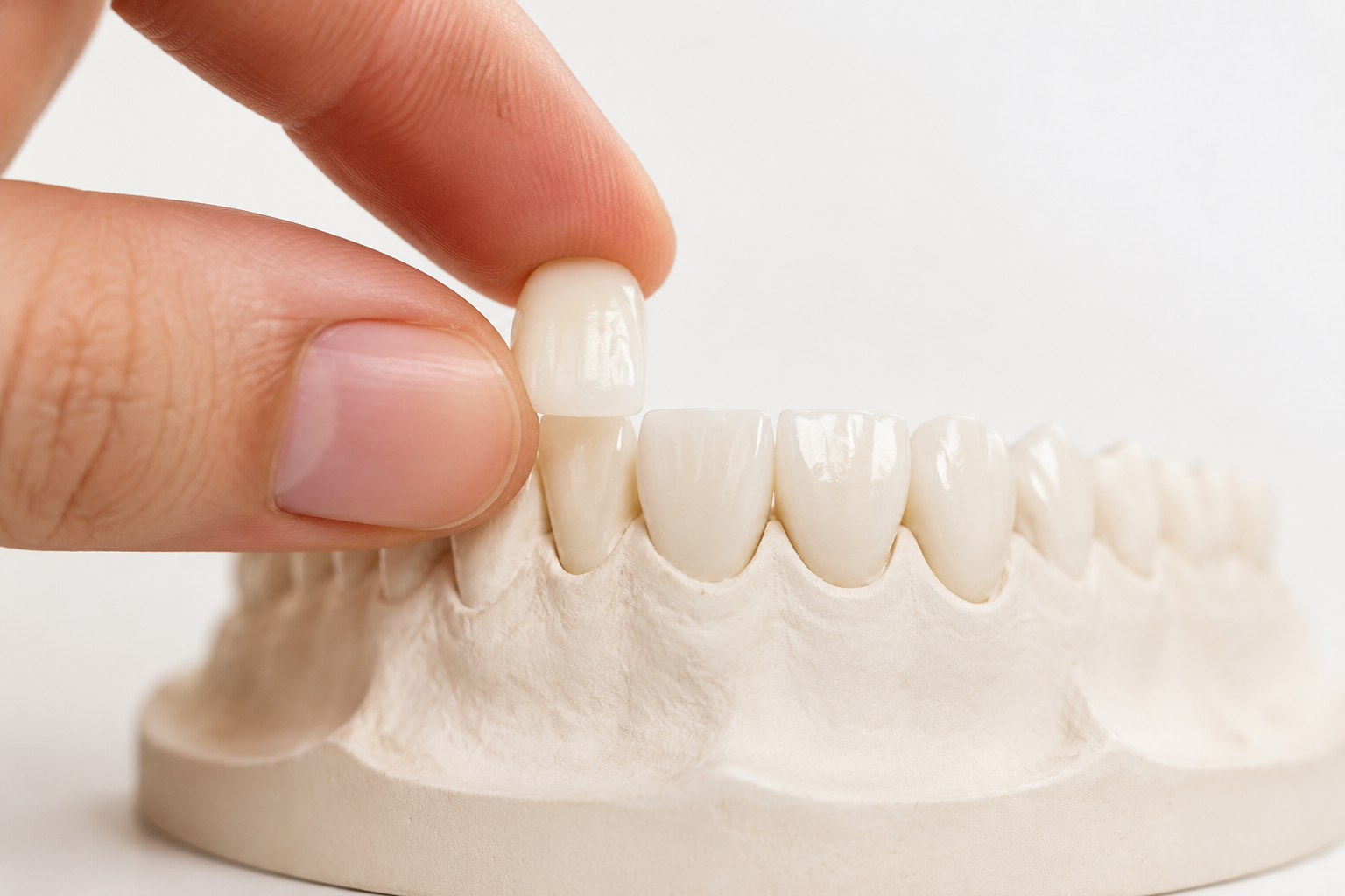 A dental model with crowns on the front teeth