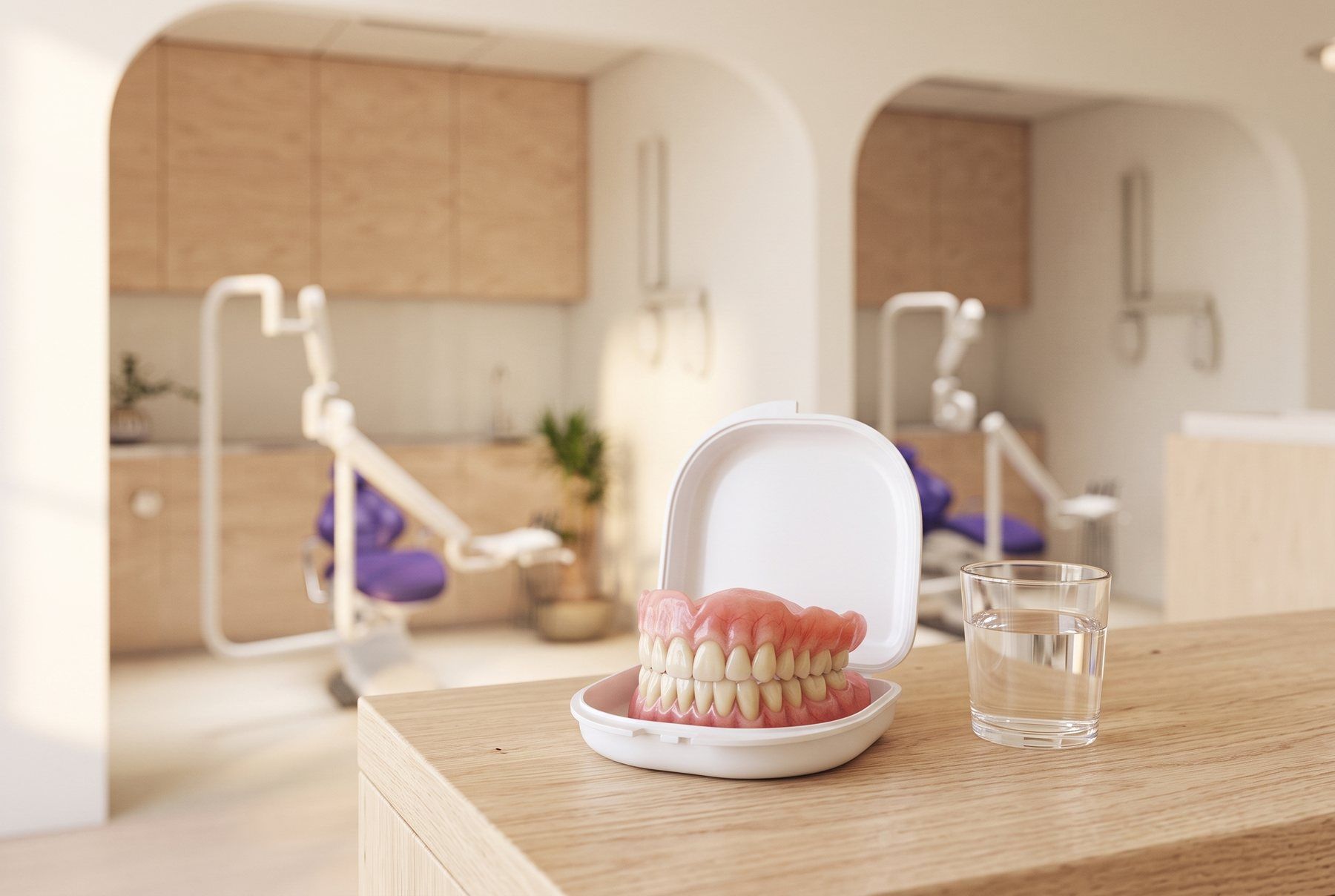 A set of dentures in an open case beside a glass of water in a dental clinic