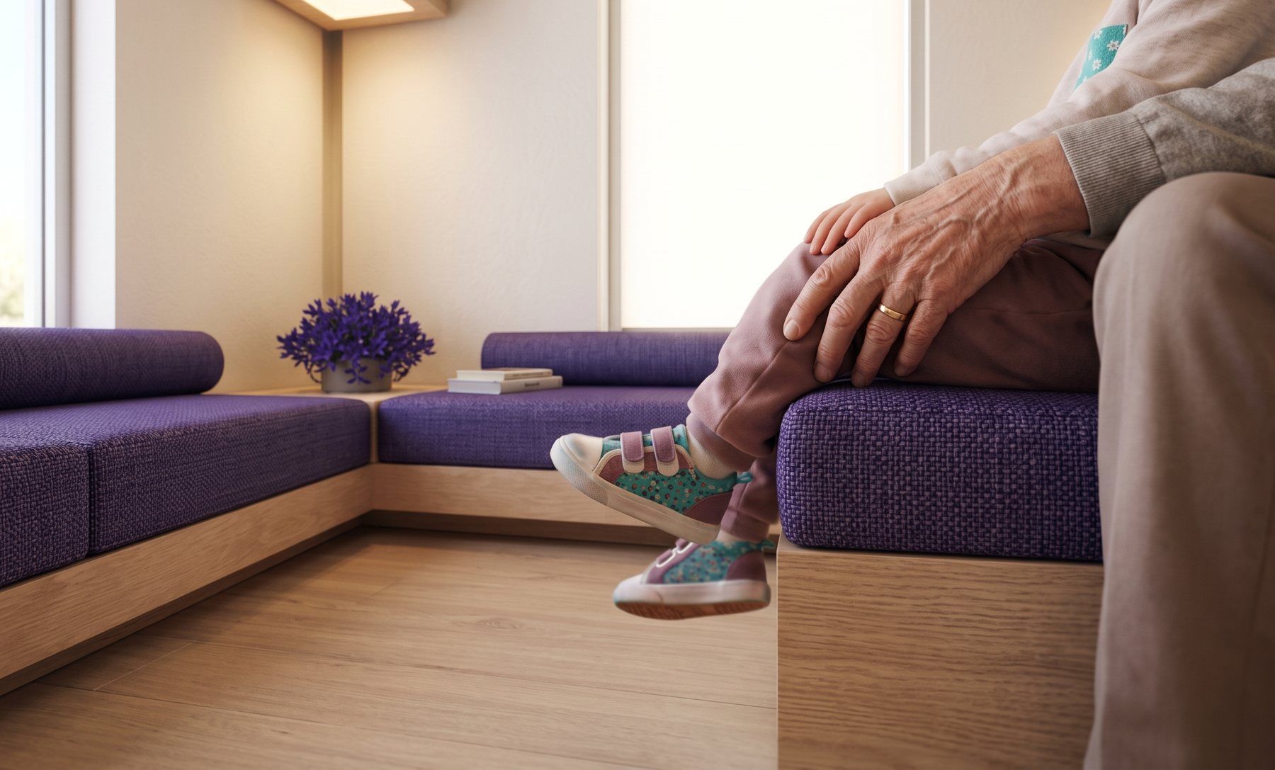 A grandparent's hand resting on a young child's knee on a purple bench in a calm waiting lounge