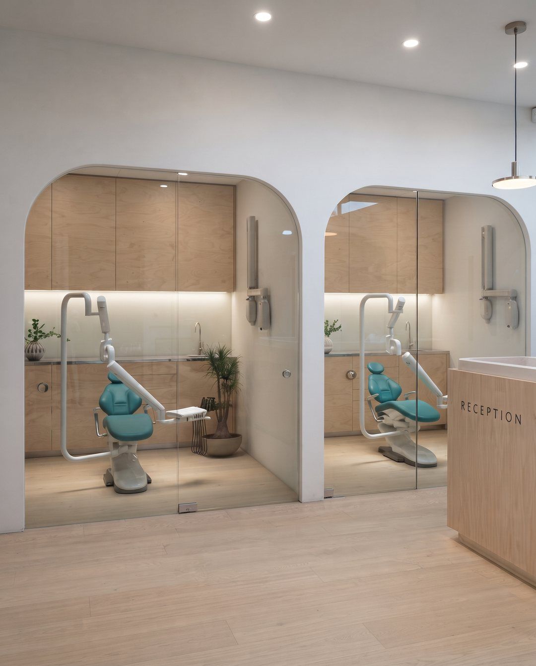 Rendering of two bright Oak & Pearl Dental treatment rooms with teal dental chairs and light oak cabinets