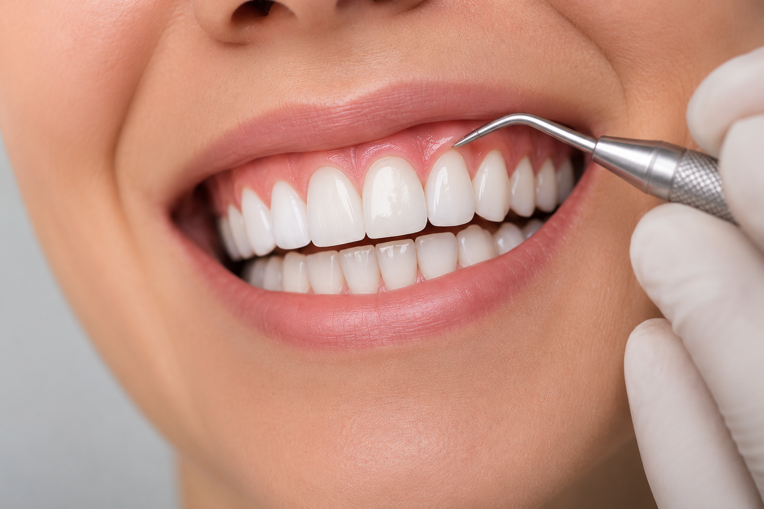 A dentist checking the gum line of a smiling patient