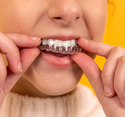 A person fitting a clear aligner over their teeth