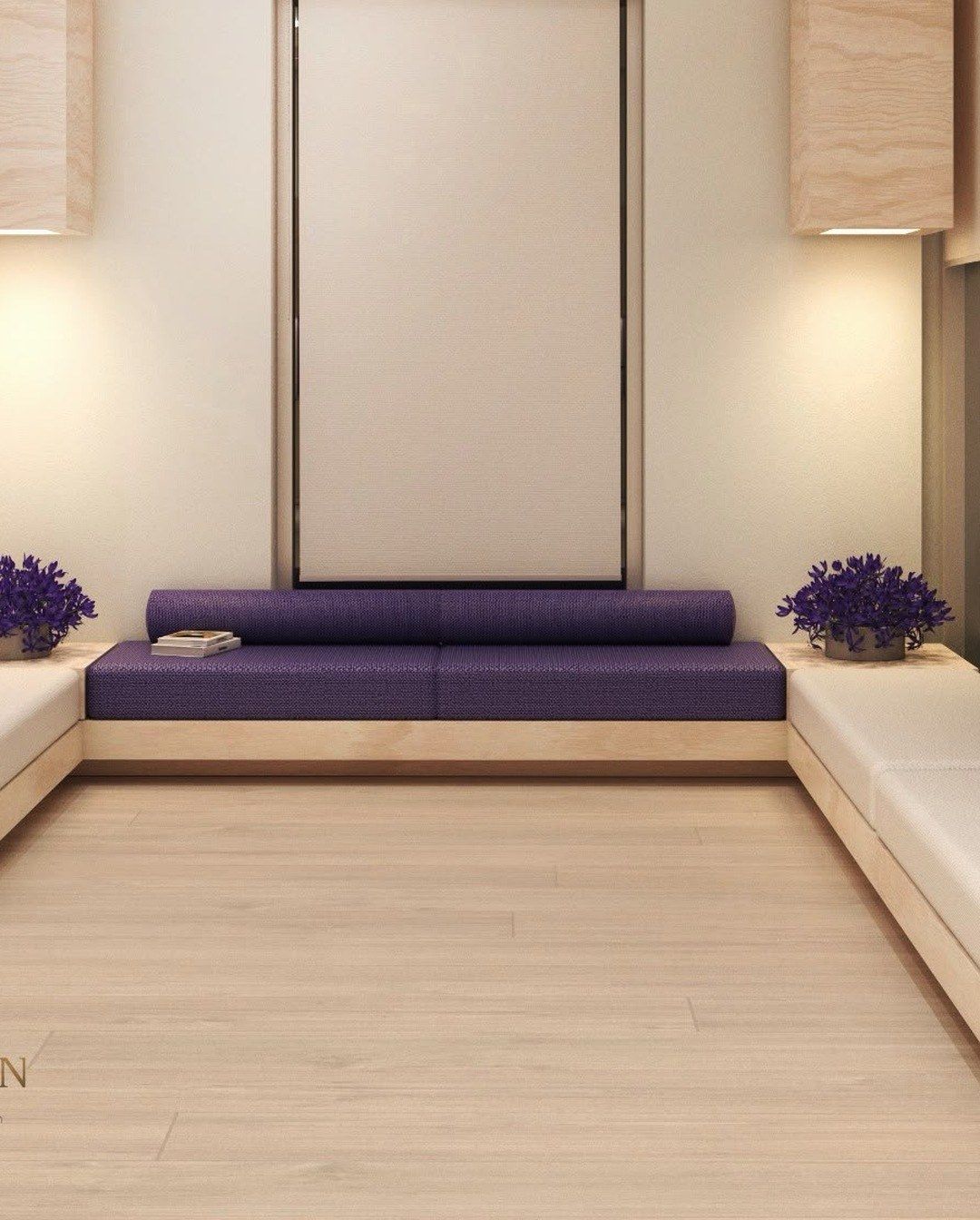 Rendering of a calm waiting area with a purple cushioned bench, light oak panels and lavender plants