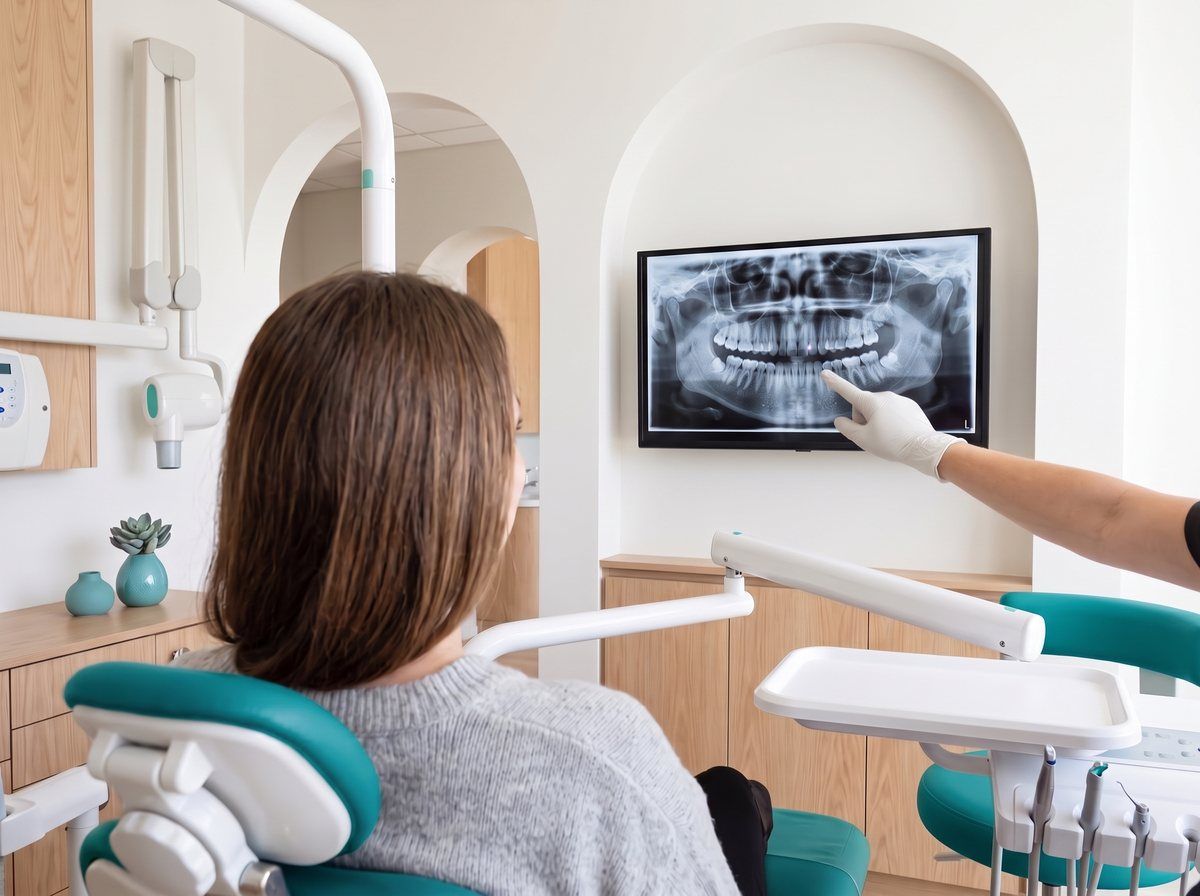 Rendering of a dentist pointing to a dental X-ray on a wall screen while a patient in a teal chair looks on