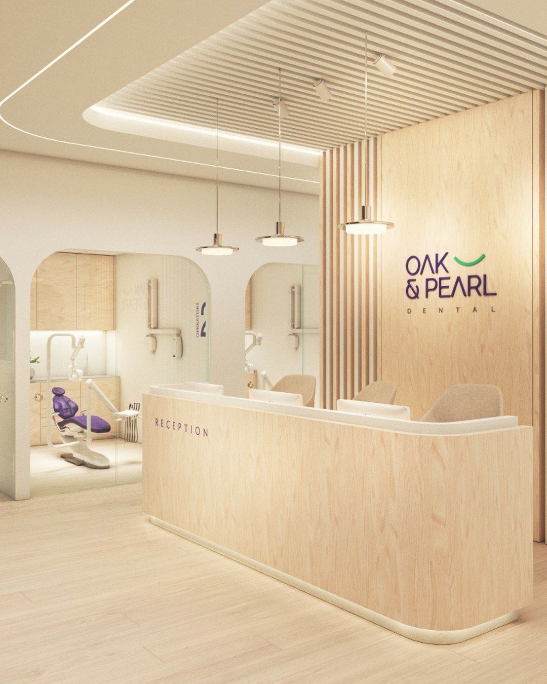 Rendering of the Oak & Pearl Dental reception, with a light oak front desk and the clinic logo on the wall