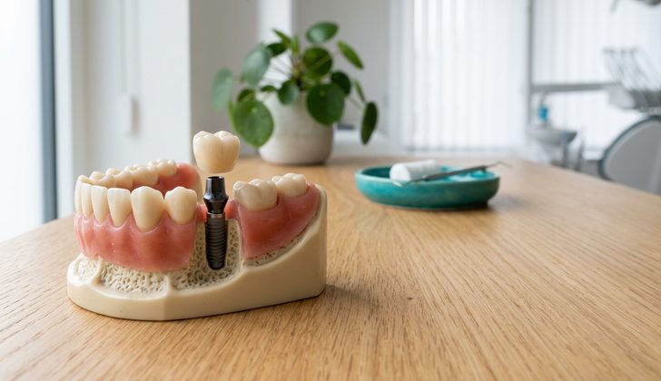Dental implant model showing the titanium post, abutment and crown